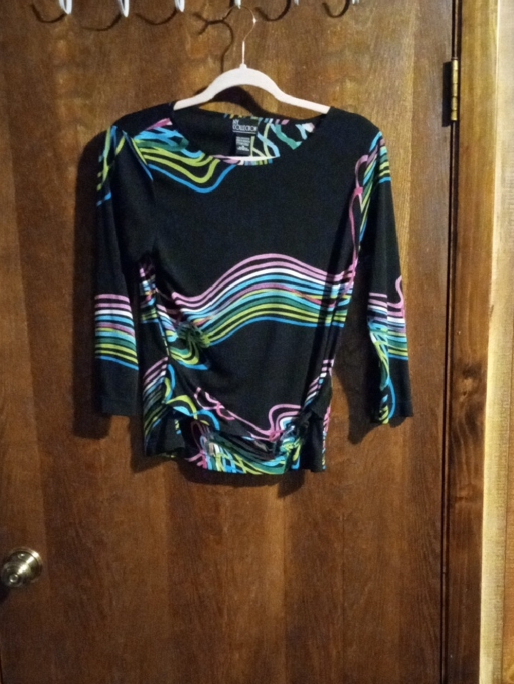 NY Collection Black Top with Multicolor Neon Wave Stripes